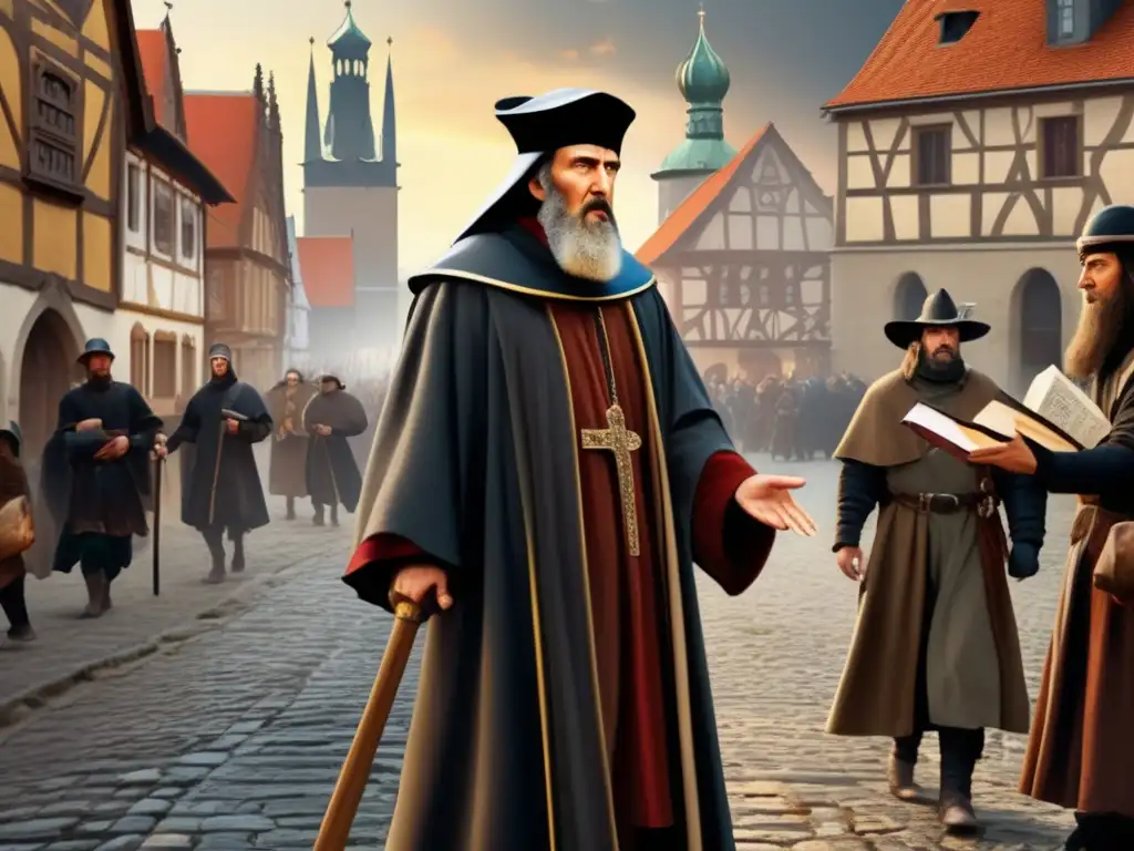 En la imagen, Jan Hus se enfrenta a las autoridades en una ciudad medieval, mostrando determinación al predicar