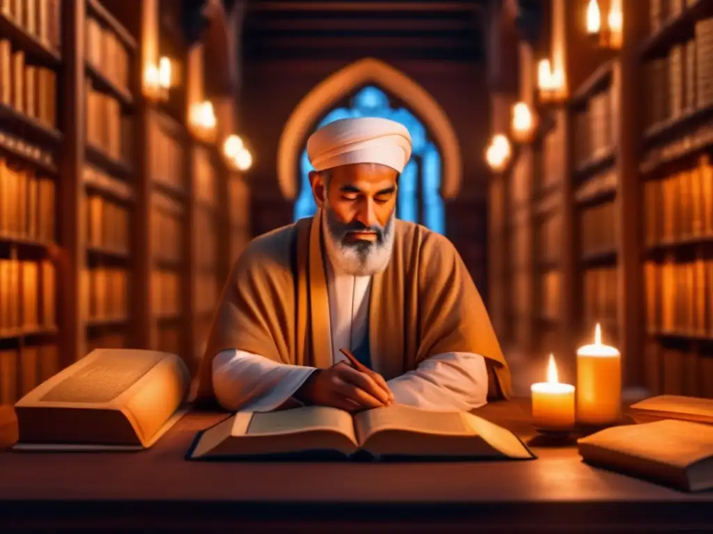 Averroes en la biblioteca: reflexiones iluminadas | 8k Imagen En la imagen, Averroes, el filósofo musulmán de la Edad Media, reflexiona en una biblioteca ornamentada, rodeado de antiguos textos