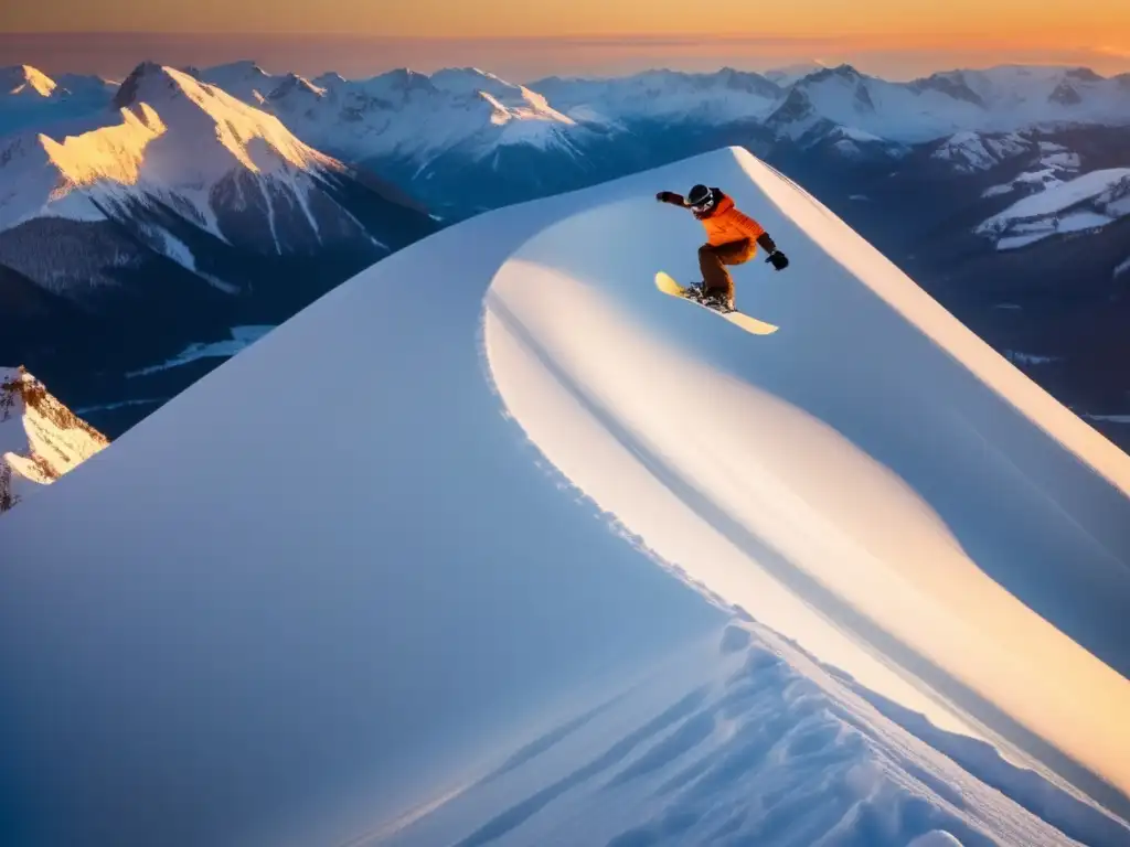 La imagen muestra a Terje Haakonsen realizando un backside rodeo flip en una cumbre nevada al atardecer