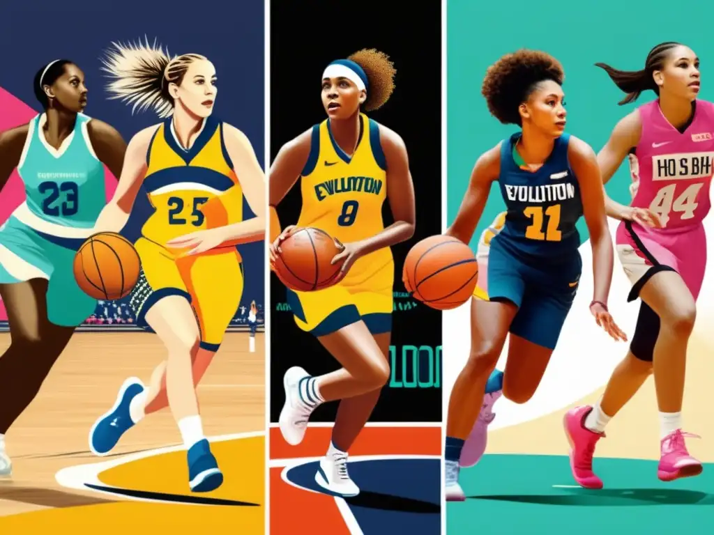 La imagen muestra la evolución del baloncesto femenino a lo largo de la historia, con una comparación entre el pasado y el presente