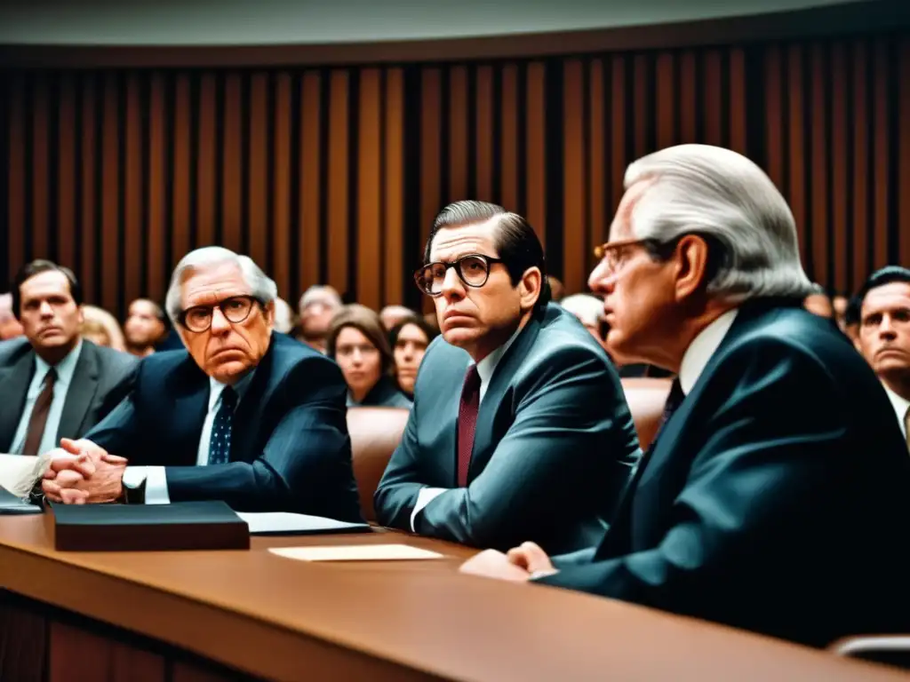 En la imagen, Bernstein y Woodward discuten intensamente en medio de una abarrotada sala de audiencias durante el escándalo de Watergate