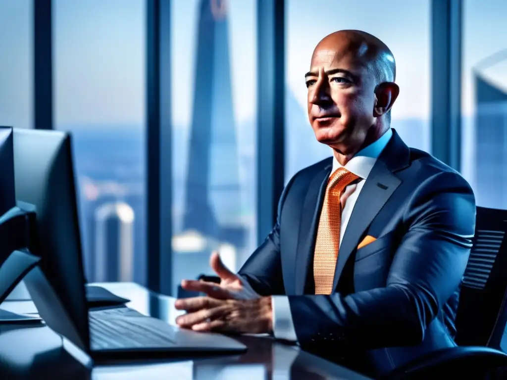 Una imagen de la biografía de Jeff Bezos ecommerce, mostrando su determinación en su moderna oficina con vistas a la ciudad