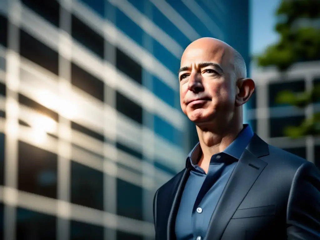 Una imagen de alta resolución de Jeff Bezos frente a la sede de Amazon, proyectando confianza y determinación