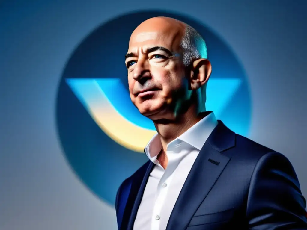En la imagen, Jeff Bezos irradia confianza y determinación frente al logo de Amazon en un elegante entorno de oficina