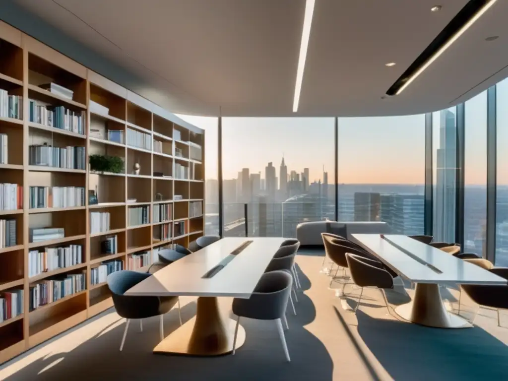 La imagen muestra una biblioteca moderna con vistas a la ciudad, llena de libros de filosofía del lenguaje en el positivismo