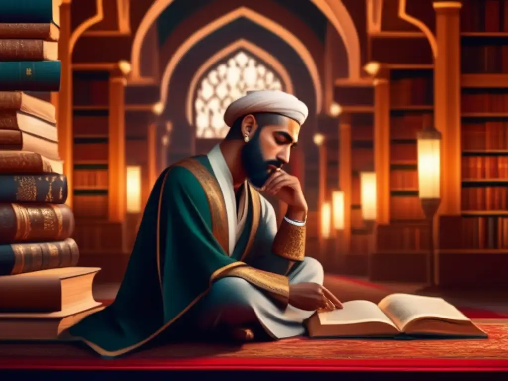 En la imagen, AlFarabi reflexiona en una biblioteca, rodeado de libros antiguos, representando la filosofía islámica medieval