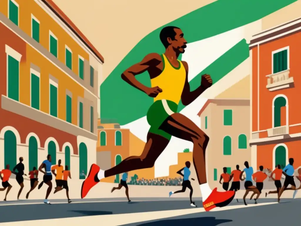 En la imagen, Abebe Bikila corre descalzo por las calles empedradas de Roma durante los Juegos Olímpicos de 1960, mostrando su determinación y fuerza