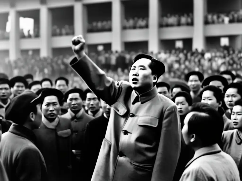 Una imagen en blanco y negro de Mao Zedong liderando una apasionada reunión, con la multitud levantando los puños en señal de solidaridad