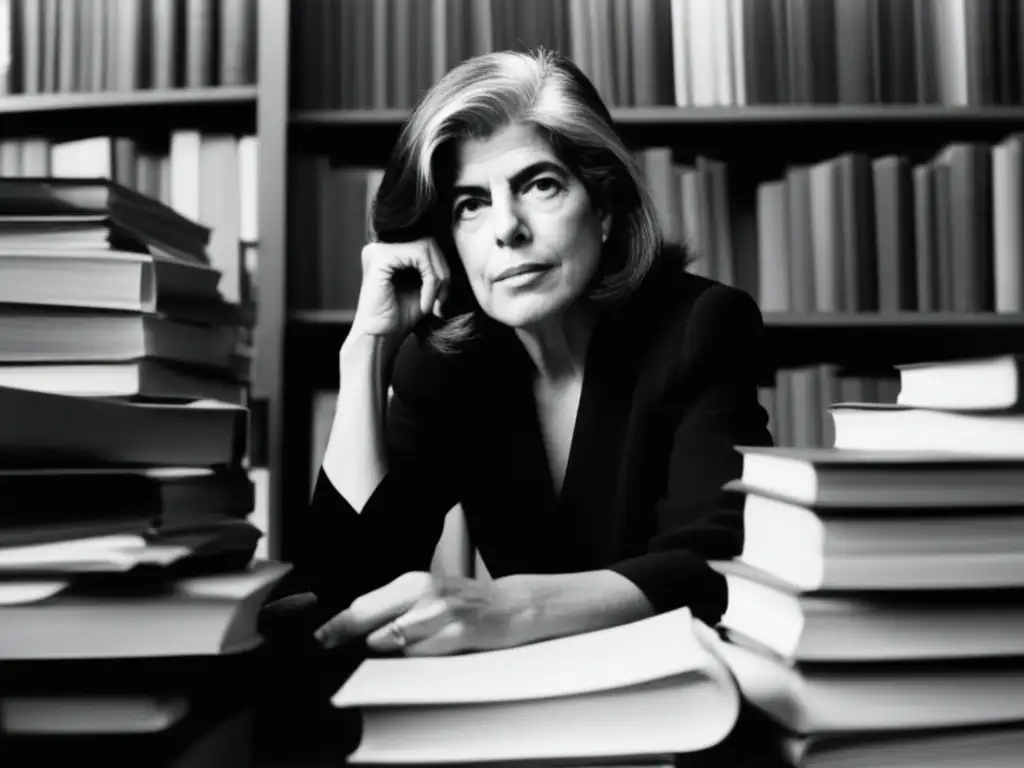 Una imagen en blanco y negro de Susan Sontag, concentrada entre libros y papeles