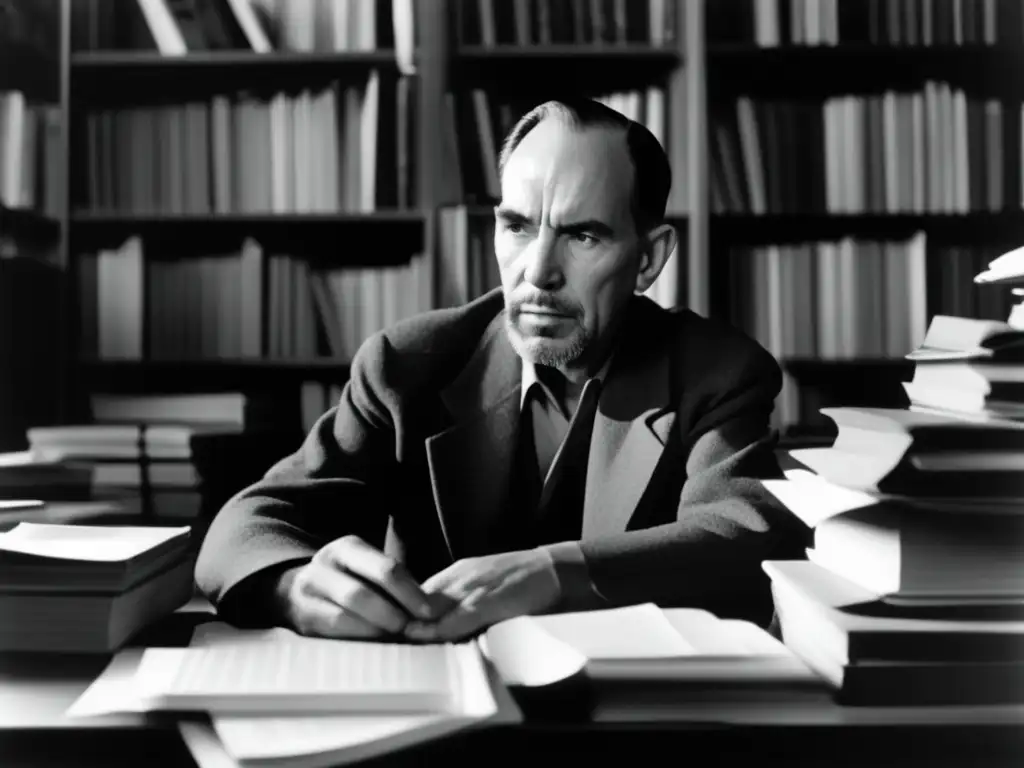 Una imagen en blanco y negro de Ingmar Bergman concentrado en su escritura, rodeado de libros y papeles
