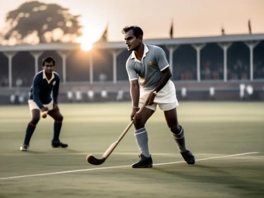 Una imagen en blanco y negro de Dhyan Chand en el campo de juego, con el sol poniéndose al fondo y proyectando largas sombras de los jugadores