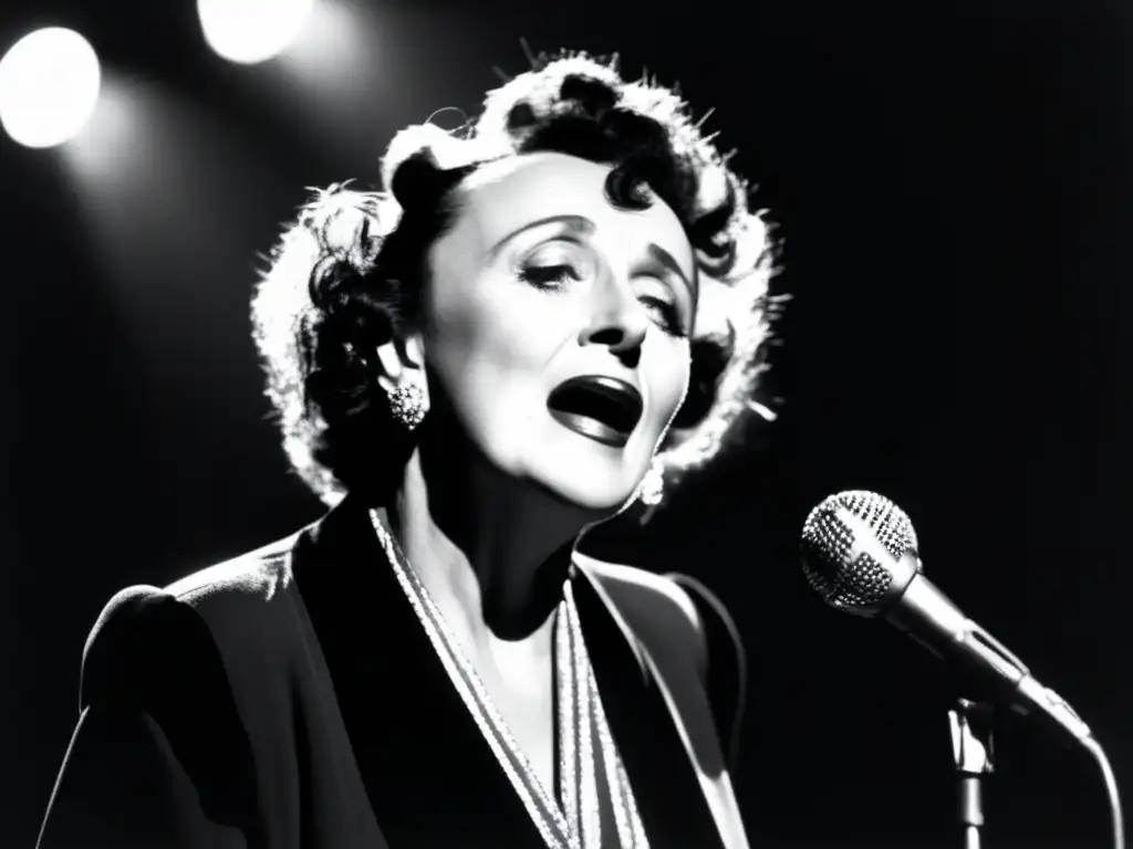 Una imagen en blanco y negro de Edith Piaf cautivando al público con su intensa interpretación en un teatro oscuro