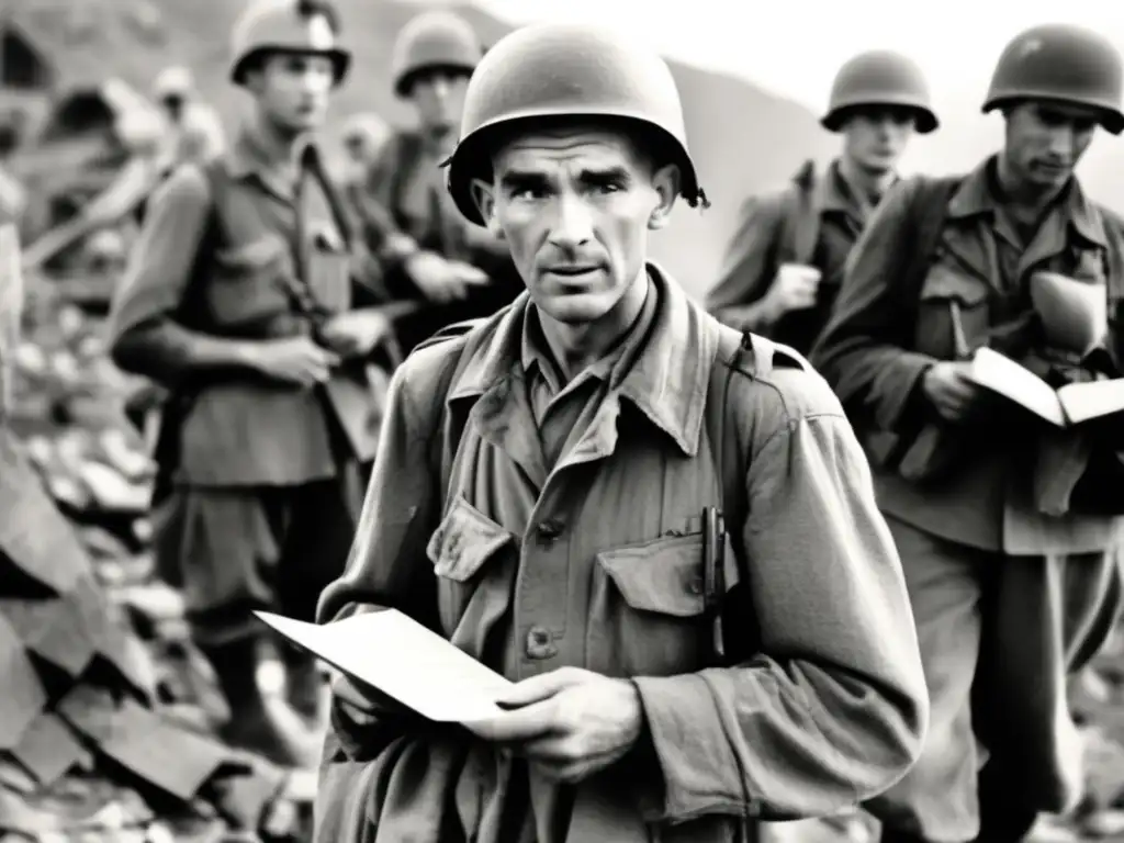 Una imagen en blanco y negro de Ernie Pyle en medio de soldados, con un cuaderno y pluma, reflejando el dramatismo de la guerra