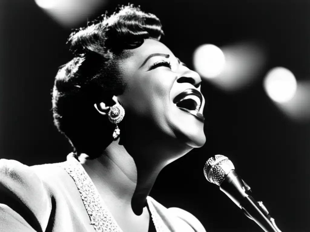 Una imagen en blanco y negro de Ella Fitzgerald cantando apasionadamente en el escenario, con una expresión de pura alegría