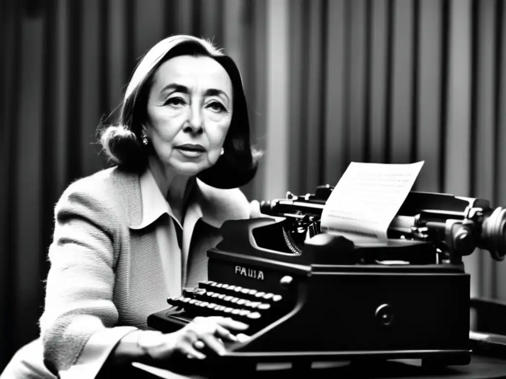 Una imagen en blanco y negro de Oriana Fallaci escribiendo en una máquina de escribir, reflejando su pasión y dedicación al periodismo
