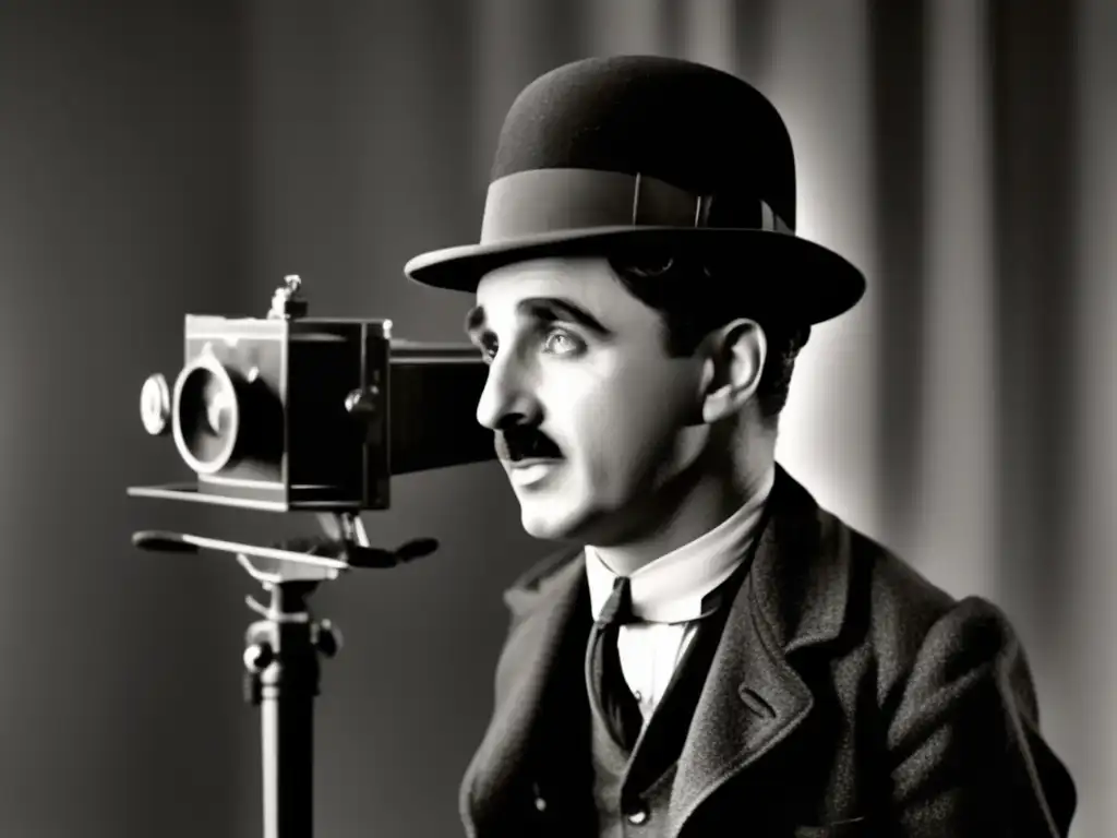Una imagen en blanco y negro de Charlie Chaplin frente a una cámara de cine, con su icónico sombrero y bastón