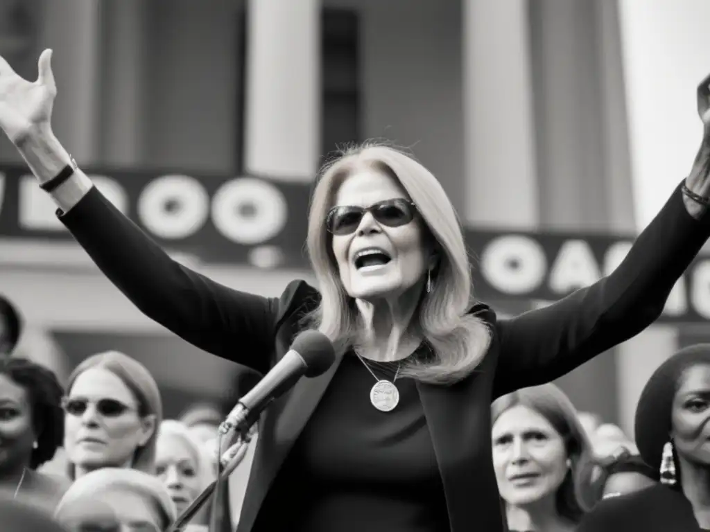 Una imagen en blanco y negro de Gloria Steinem hablando en un mitin feminista, rodeada de mujeres diversas que sostienen pancartas y vitorean
