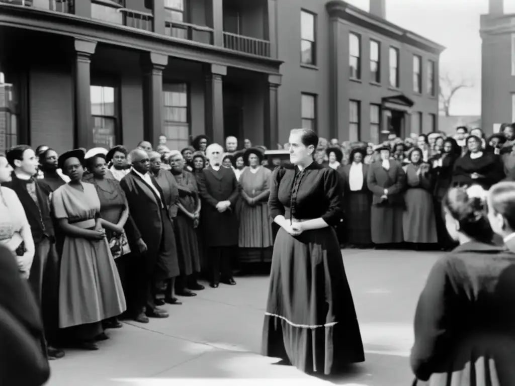 Una imagen en blanco y negro de Jane Addams liderando un grupo diverso en actividades de activismo social en Hull House
