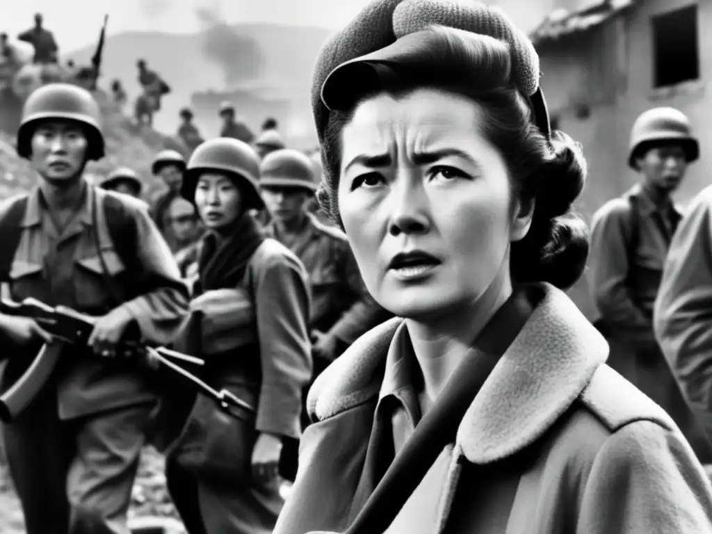 Una imagen en blanco y negro muestra a Marguerite Higgins reportando desde la primera línea en la Guerra de Corea, destacando su valentía y determinación como pionera del periodismo en zonas de conflicto