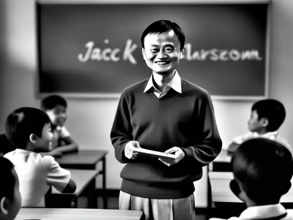 Una imagen en blanco y negro de Jack Ma enseñando inglés a adultos en un aula, reflejando sus humildes inicios como profesor