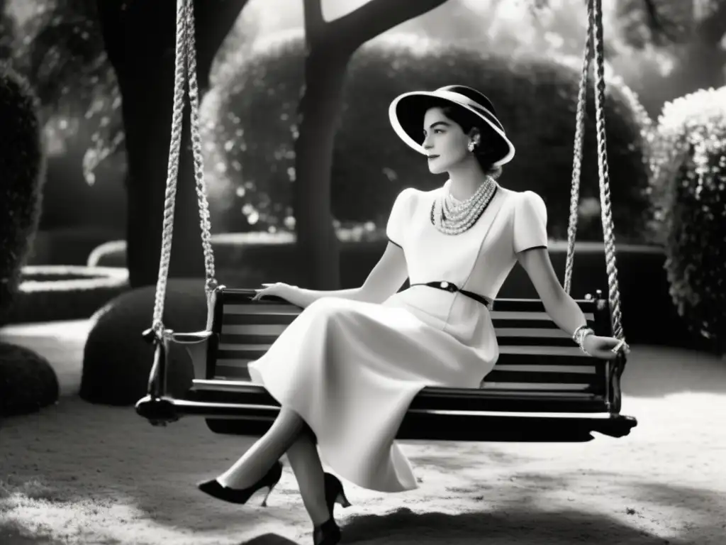Una imagen en blanco y negro de la joven Coco Chanel sentada en un columpio en un exuberante jardín