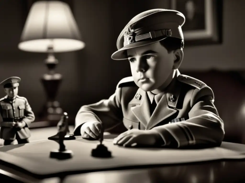 Una imagen en blanco y negro del joven Douglas MacArthur jugando con un soldado de juguete, con expresión seria pero determinada