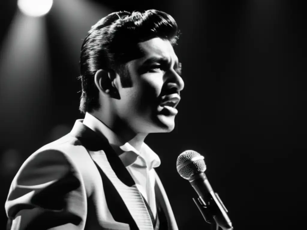 Una imagen en blanco y negro de Lucho Gatica cantando apasionadamente frente al micrófono en un escenario tenue