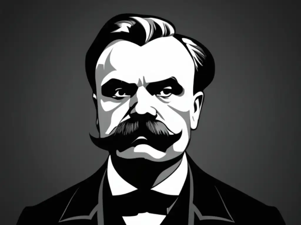 Una imagen en blanco y negro de Friedrich Nietzsche, con una mirada intensa y pensativa que refleja su influencia en la filosofía contemporánea
