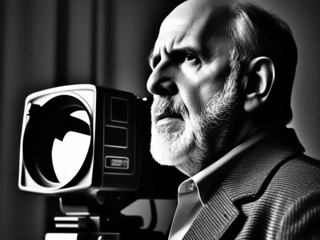 Una imagen en blanco y negro de Brian De Palma frente a una cámara clásica, con una iluminación dramática que resalta su expresión enfocada