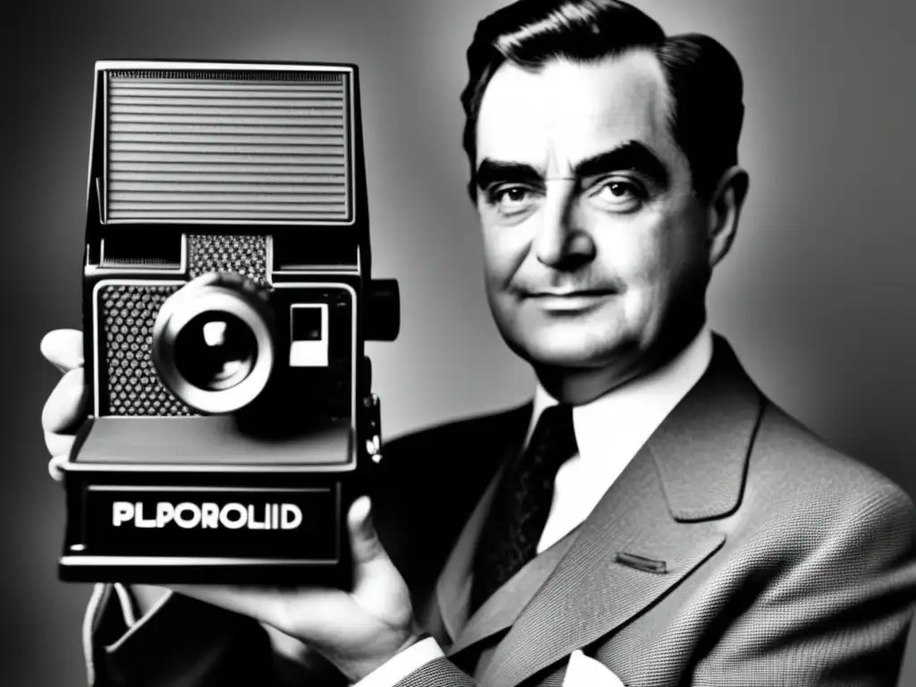 Una imagen en blanco y negro de Edwin Land sosteniendo la primera cámara Polaroid Land, con detalles detallados que capturan el diseño vintage y la tecnología innovadora