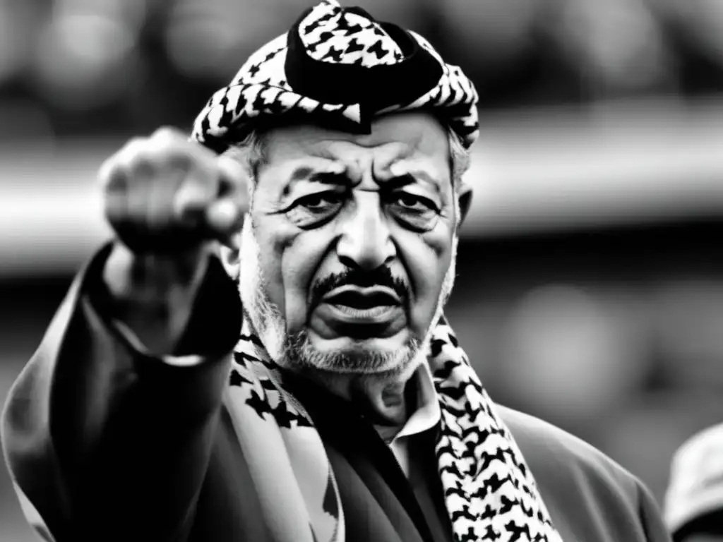 Una imagen en blanco y negro muestra a Yasser Arafat, su puño en alto, liderando la lucha por Palestina