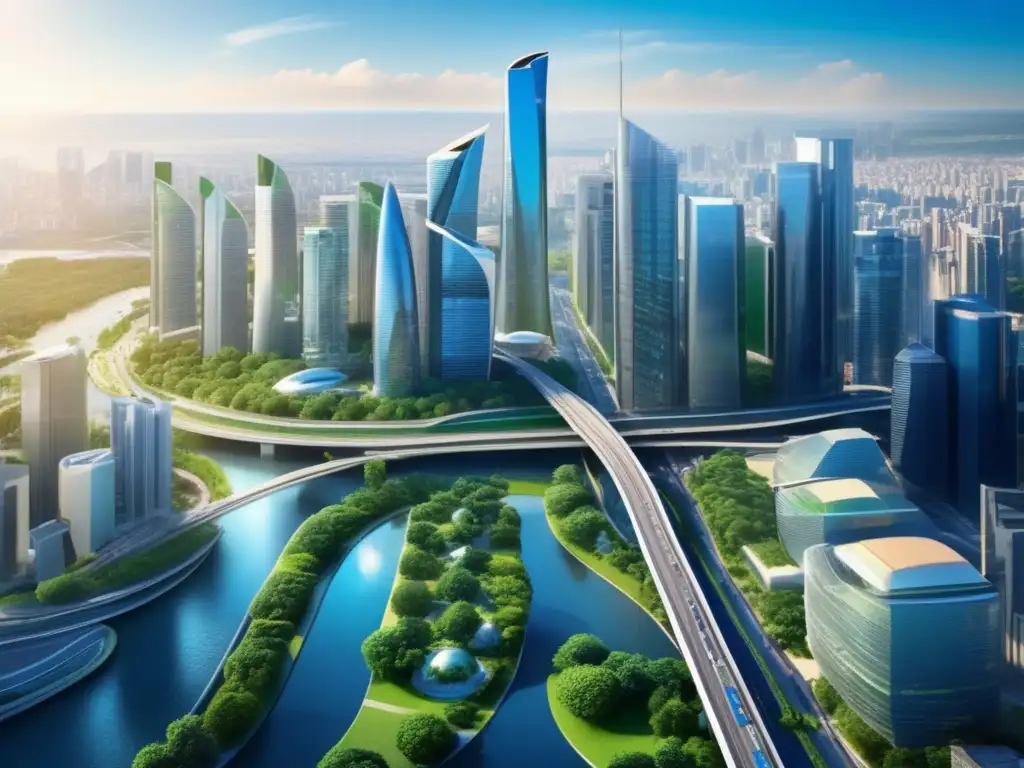 La imagen muestra el bullicio de una ciudad moderna, con rascacielos y calles llenas de vehículos futuristas, rodeada de naturaleza