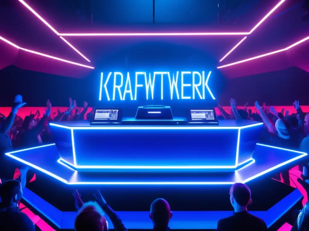 La imagen muestra una cabina de DJ futurista con luces LED pulsantes y el logo de Kraftwerk, rodeada de fans entusiastas