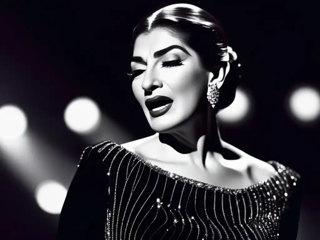 Una imagen de alta resolución de Maria Callas en el escenario, con intensa emoción en sus ojos mientras canta