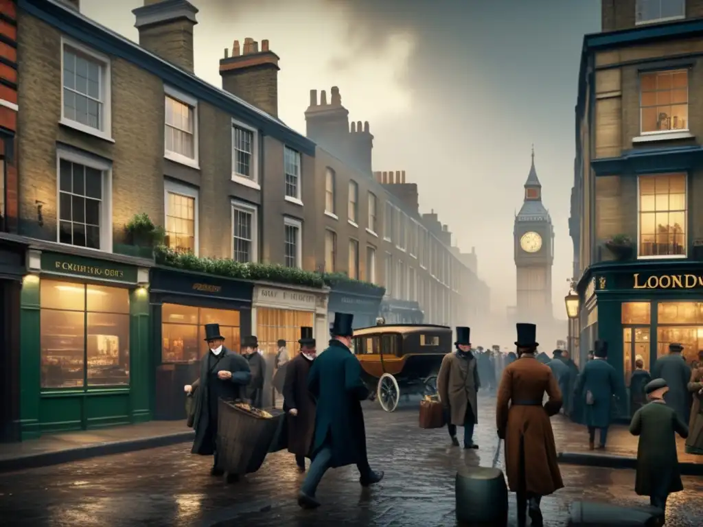 En la imagen se muestra una calle londinense del siglo XIX con edificios deteriorados, cielos brumosos y una mezcla de clases sociales