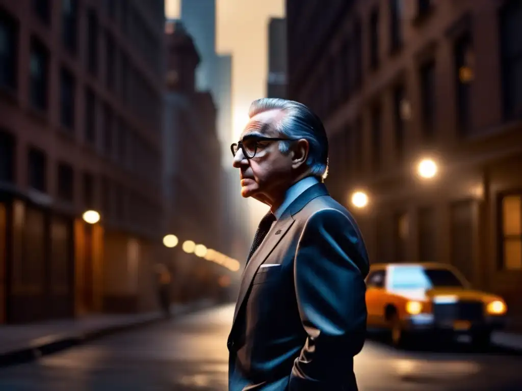 En la imagen, Martin Scorsese se encuentra en un callejón de Nueva York, vestido con un traje, inmerso en sus pensamientos bajo la luz de una farola