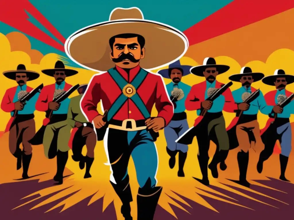 La imagen muestra a Emiliano Zapata liderando a campesinos en una feroz batalla por sus derechos a la tierra