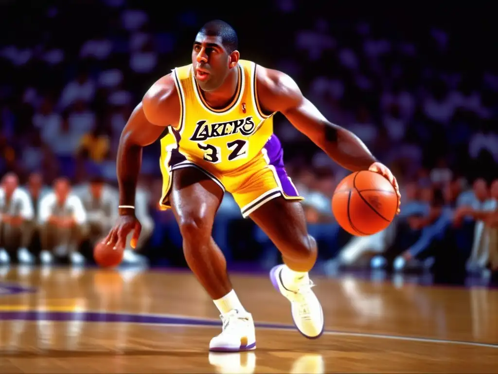 La imagen muestra a Magic Johnson liderando en la cancha de baloncesto moderna, con determinación y energía