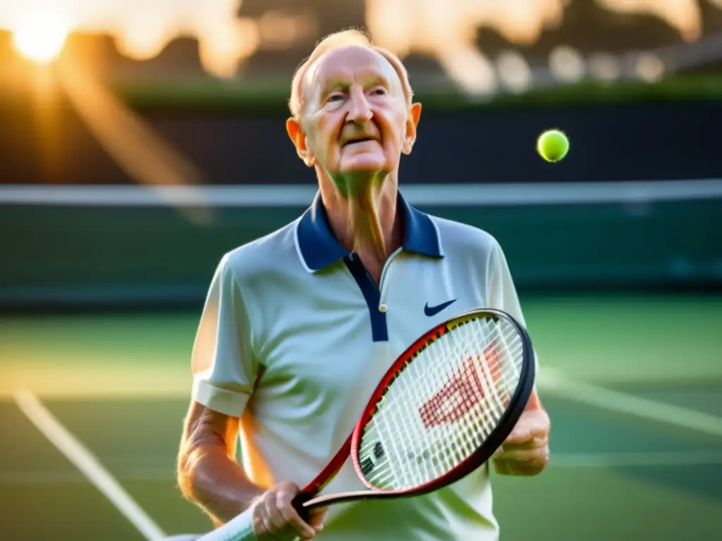 Imagen de Rod Laver en la cancha de tenis al atardecer, mostrando su legado y habilidad