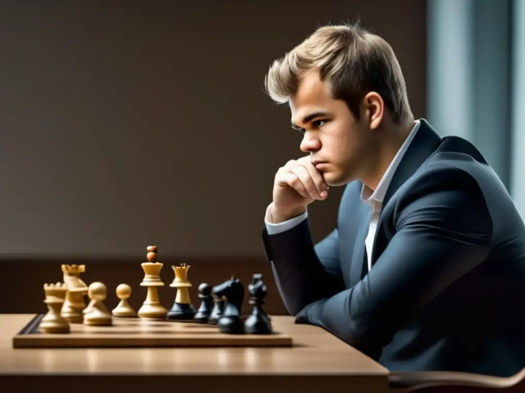 Una imagen de alta resolución de Magnus Carlsen concentrado en una partida de ajedrez