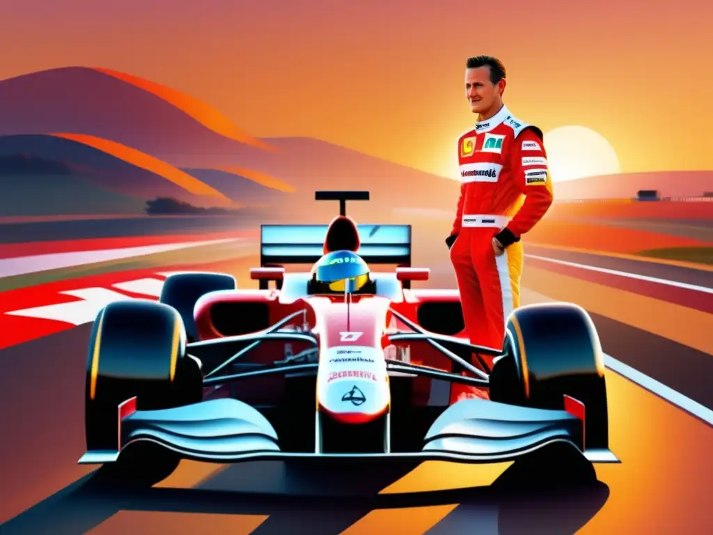 En la imagen, Michael Schumacher se prepara para una carrera de Fórmula 1 al lado de su moderno auto, enmarcados por el atardecer