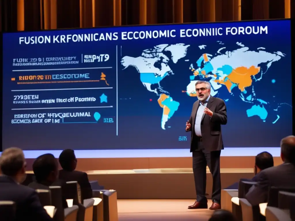 Una imagen de Paul Krugman impartiendo una cautivadora conferencia en un foro económico, con gráficos animados proyectados detrás, demostrando su experiencia en economía y política