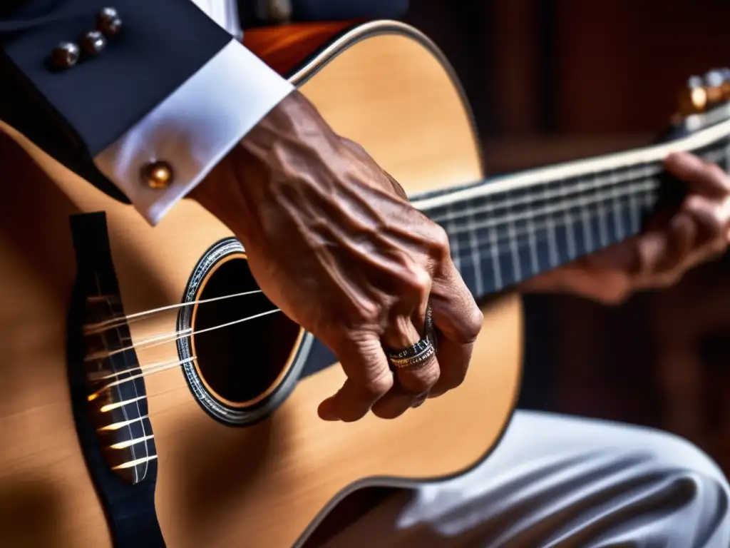 Una imagen cercana de las manos de Paco de Lucía tocando apasionadamente la guitarra, resaltando la técnica revolucionaria de Paco de Lucía en el flamenco