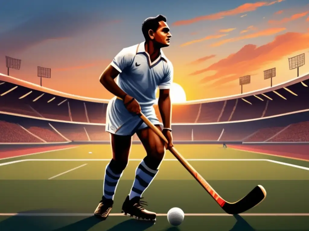 La imagen muestra a Dhyan Chand en un campo de hockey, con una multitud animada en un estadio iluminado por el atardecer