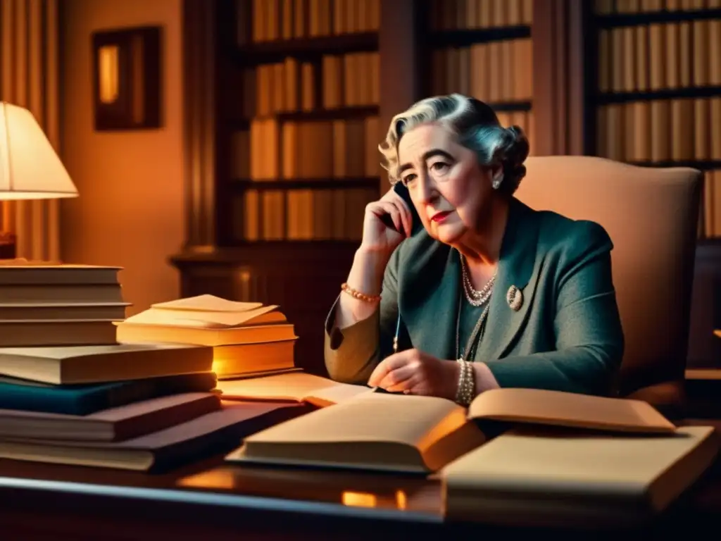 En la imagen, Agatha Christie reflexiona en su escritorio, rodeada de libros y papeles, en una atmósfera cálida y acogedora