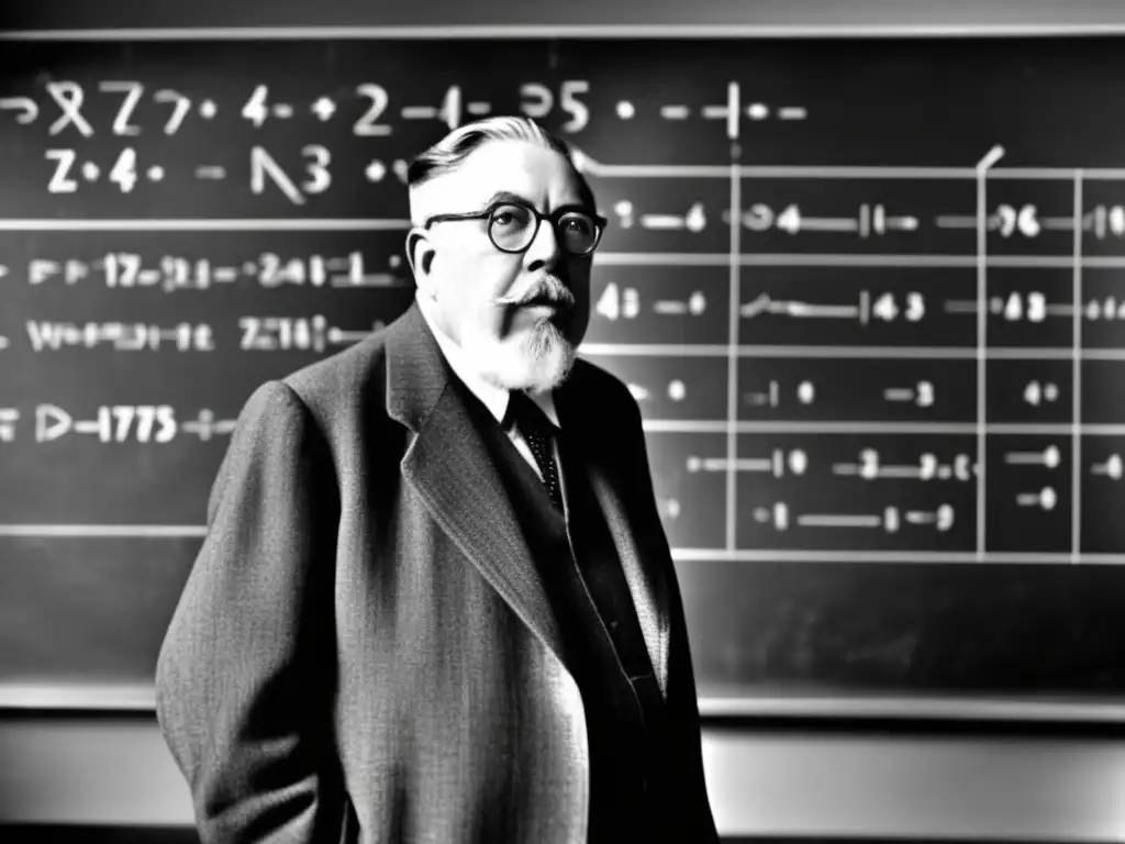 En la imagen se ve a Norbert Wiener cibernética, con expresión determinada, frente a una pizarra llena de ecuaciones matemáticas