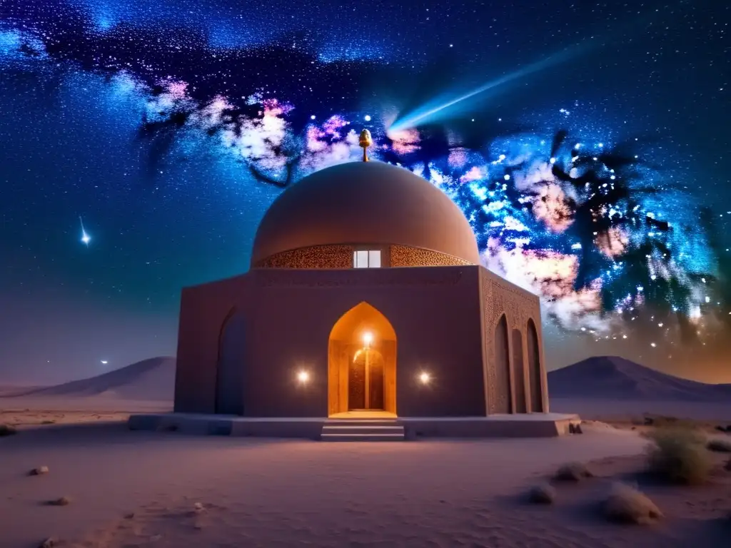 En la imagen, Omar Jayyam se maravilla ante el cielo estrellado desde un observatorio persa, rodeado de intrincados instrumentos astronómicos