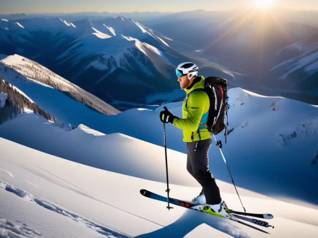 En la imagen, Bode Miller se encuentra en la cima de una montaña nevada, con esquís puestos, admirando la impresionante vista
