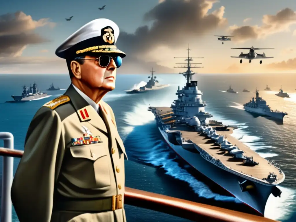 En la imagen se ve al Comandante Supremo MacArthur en el puente de un acorazado, con el vasto océano Pacífico de fondo y una flota de barcos