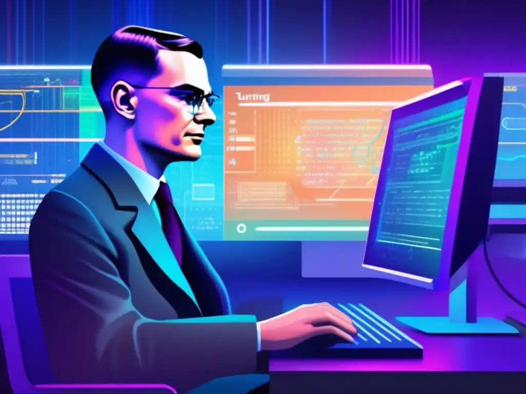 En la imagen, Alan Turing trabaja en una computadora de vanguardia rodeado de ecuaciones y código binario, con hologramas y líneas brillantes